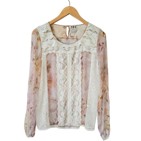 HAUTE HIPPIE Silk Chiffon Floral Print Blouse Lace Inset Sheer Top Size Medium - Picture 7 of 8